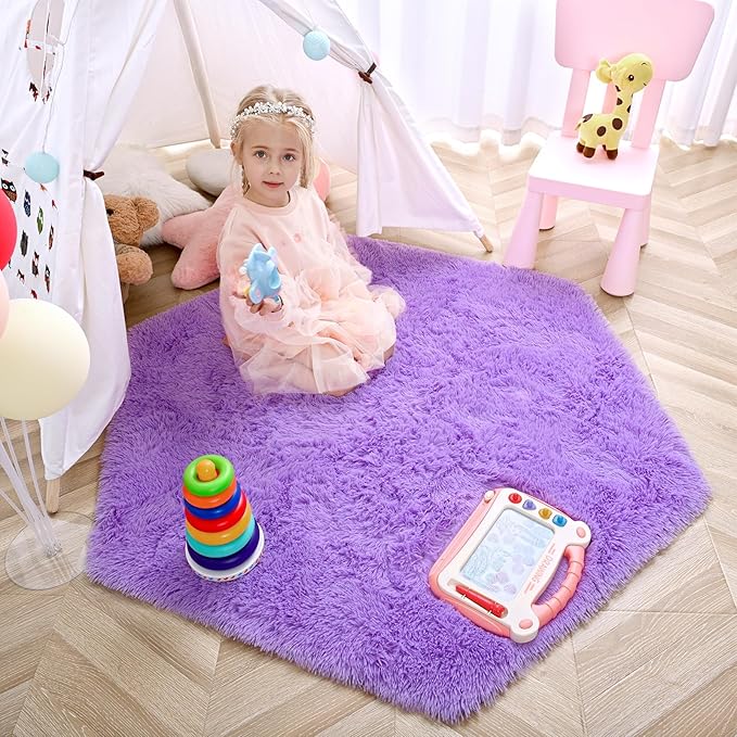 junovo Ultra Soft Rug for Nursery Children Room Baby Room Home Decor Dormitory Hexagon Carpet for Playhouse Princess Tent Kids Play Castle, Diameter 4.6 ft, Purple