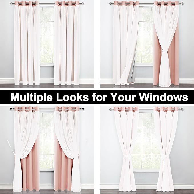 XWZO 100% Blackout Double Layer Curtains for Nursery, Blackout Curtains with Sheer Overlay for Girls Bedroom, Grommet Thermal Insulated Privacy Curtains with Tiebacks, 2 Panels, 52x84, Blush