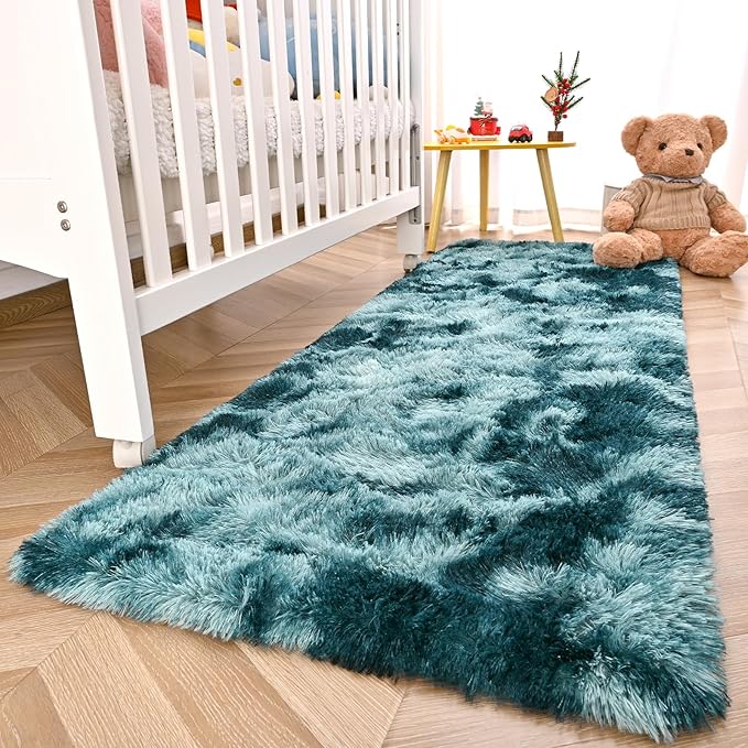 DweIke Fluffy Peacock Blue Runner Rugs for Bedroom, 2x6 Feet Soft Plush Long Runners for Girls Boys Kids, Non-Slip and Machine Washable Bedside Rug, Small Throw Carpet for Hallway Rooms Decor