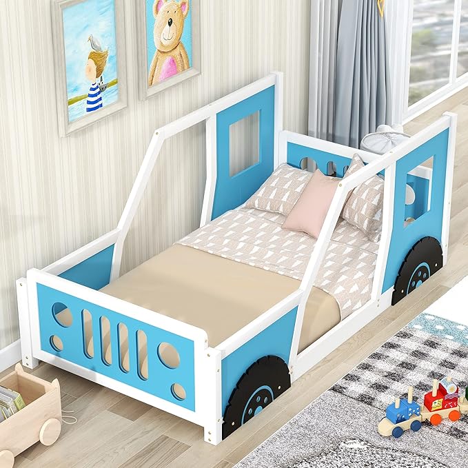 Bellemave Twin Car Bed Frame, Classic Car-Shaped Toddlers Bed with Wheels, Wooden Montessori Floor Bed for Kids (Blue & Black)