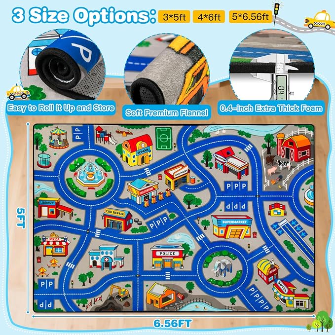 Road Car Rug, 5x7 Ft City Road Rug for Kids, Extra Thick (0.4in) Kids Play Rug Mat and Car Carpet with Realistic Colors - Perfect for Children, Soft and Non-Slip for Playroom and Bedroom