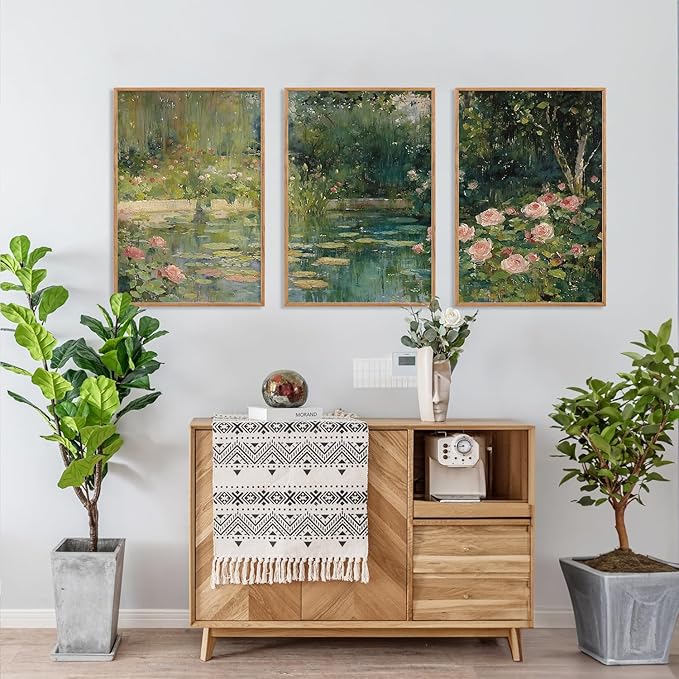 FWIEXA Monet Framed Canvas Wall Art Set, Impressionist Floral Garden Wall Decor, 3 Piece Claude Monet Botanical Artwork, 16x24 Inches Nature Landscape Prints for Living Room, Bedroom