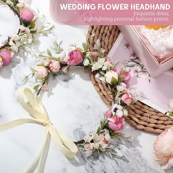 Lyrow 3 Pcs Camellia Flower Crown Rose Floral Crowns Headpiece Wedding Flowers Women Girl Headband Hair Accessory for Baby Toddler Communion Photo Prom Photography Christmas Festivals