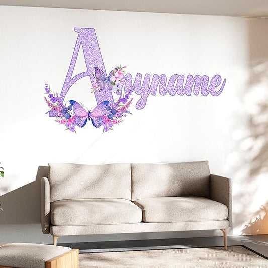 Custom Name Initial Name Alphabet Butterfly Wall Nursery Decal Personalized Flowers Butterfly Cute Large Vinyl Wall Sticker for Home & Room Décor, Removable Walls Art for Kids & Teens Bedroom, Car
