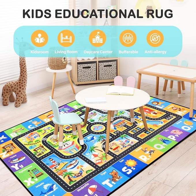 ABC Kids Rugs for Playroom 4x6FT Non-Slip Play Carpet Baby Play Mat for Floor Washable Alphabet Nursery Preschool Daycare Classroom Carpet