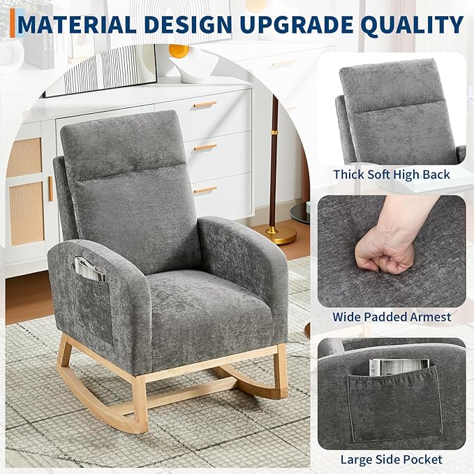 Rocking Chair Nursery, Modern Upholstered Glider Rocker with Side Pocket, Upholstered Lounge Chair with Solid Wood Base for Relaxin, for Living Room, Bedroom
