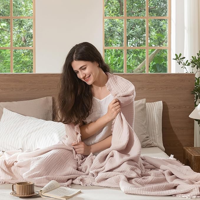 MooMee Muslin Blanket - 100% Cotton 4-Layer Gauze Throw Blanket with Tassels Ultra-Soft Breathable Lightweight Cooling for Bed Couch (Greyish Pink, Queen 90" x 90")