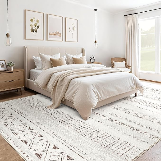 Area Rugs for Living Room Washable Living Room Rug Soft Neutral Indoor Floor Carpet Non-Slip Stain Resistant Modern Boho Rugs for Bedroom Dining Room Kids Room Nursery Office Home Brown/Cream