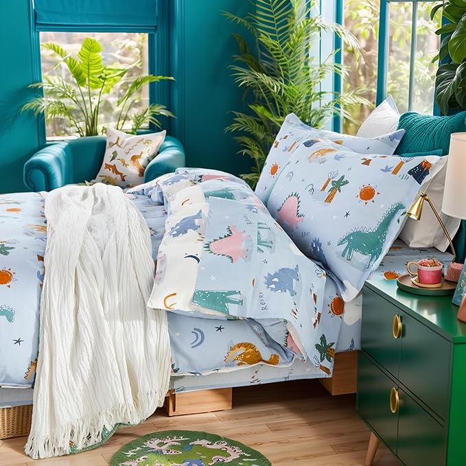 Brandream Boys Duvet Cover Twin/Twin XL Size 100% Percale Cotton 2pcs Kid's Bedding Duvet Cover Shams Set, Fun Dinosaur Print Reversible Blue Cream Beige Soft and Breathable