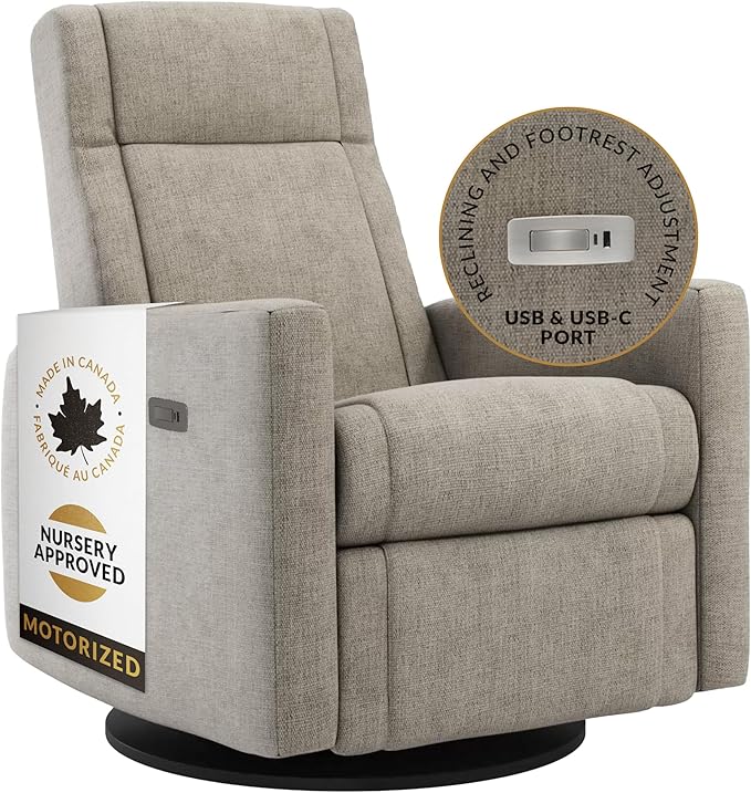 Nelly Modern Nursery Chair Glider Recliner with 180° Swivel - Cozy Motorized Reclining Nursing Chair with USB Ports, Gentle Motion, Hybrid Memory Foam, Lumbar Support (Driftwood/Breather Fabric)