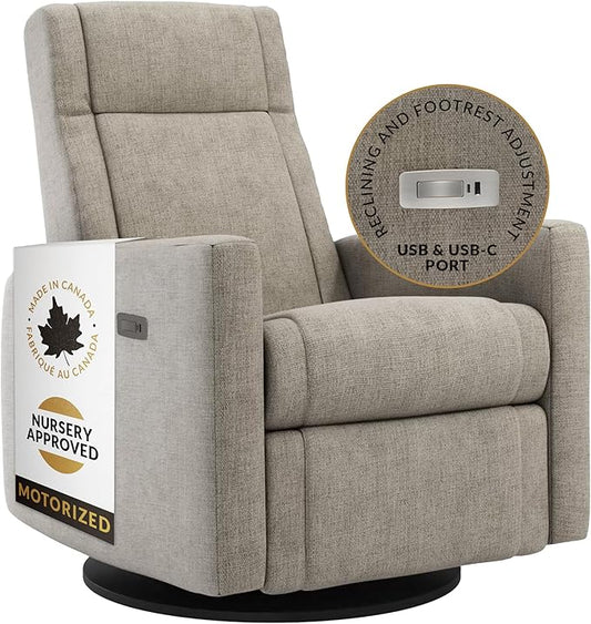 Nelly Modern Nursery Chair Glider Recliner with 180° Swivel - Cozy Motorized Reclining Nursing Chair with USB Ports, Gentle Motion, Hybrid Memory Foam, Lumbar Support (Driftwood/Breather Fabric)