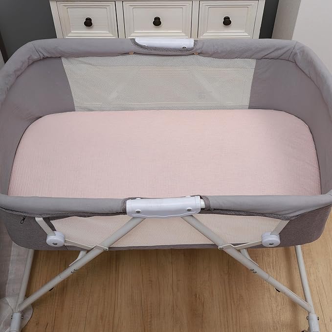 Onacosht Muslin Bassinet Sheets 3 Pack, 100% Cotton Baby Fitted Sheet 33" x 19" Compatible with Mika Micky, KoolaBaby (3 in 1), BabyBond, HARPPA and RICUTON Bedside Bassinet, Solid Pink and Feather