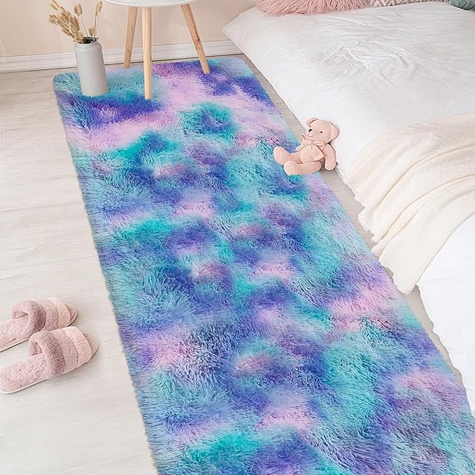 Shaggy Tie Dyed Light Blue Purple Runner Rug 2x8 ft Bedside Area Rugs for Living Room, Anti-Skid Extra Comfy Fluffy Floor Carpet for Indoor Hallway Home Decorative