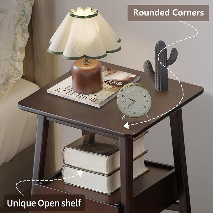 Night Stand with Drawer, Mid Century Modern Nightstand, Bedside Tables with Open Storage Shelf,Large Storage End Table, Bamboo Night Stands for Bedrooms