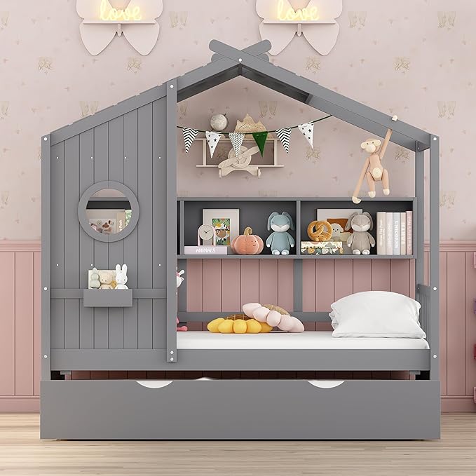 Twin Size House Bed with Trundle for Kids,Twin Kids Bed Frame with Storage Shelves,Wood House Bed Frame for Girls,Boys,Can be Decorated,Gray