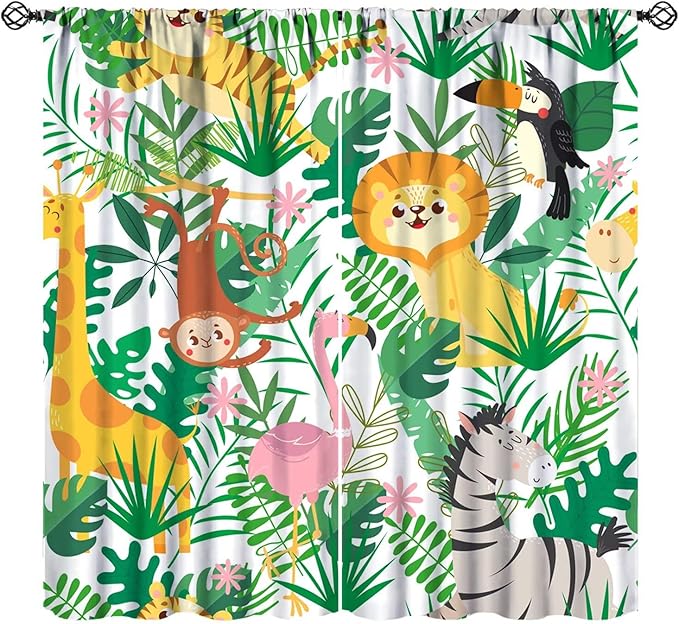 Jungle Animals Curtains Cartoon Cute Lion Giraffe Monkey Zebra Woodland Art Printed for Children Girls Boys Bedroom Nursery Rod Pocket Decoration Window Drapes 2 Panels W26xL84in