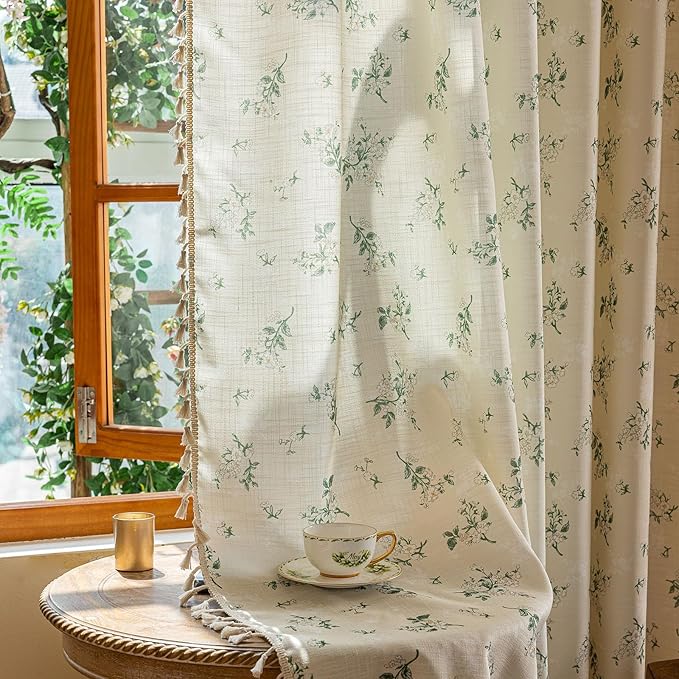OYX Sage Green Spring Floral Curtains 63 Inch Length 2panels for Living Room, French Country Vintage Light Filtering Patterned Aesthetic Drapes for Bedroom, Rod Pocket Decor Window Treatment Curtains