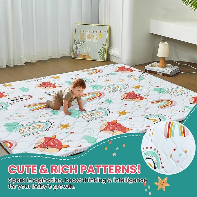Baby Play Mat for Floor,50x50 Inch Soft Foam Padding Crawling Mat for Playpen, Foldable and Machine Washable, Thick for Babies & Toddlers,Rainbow Fox