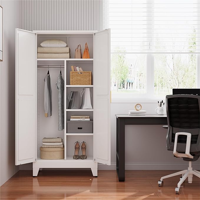 Metal armoire Wardrobe Closet with Hanging Rod,71'' Metal Wardrobe Cabinet with 2 Doors and 4 Adjustable Shelves, Bedroom armoires,Laundry Room cabinets,armario de ropa Closet(Modern, White)