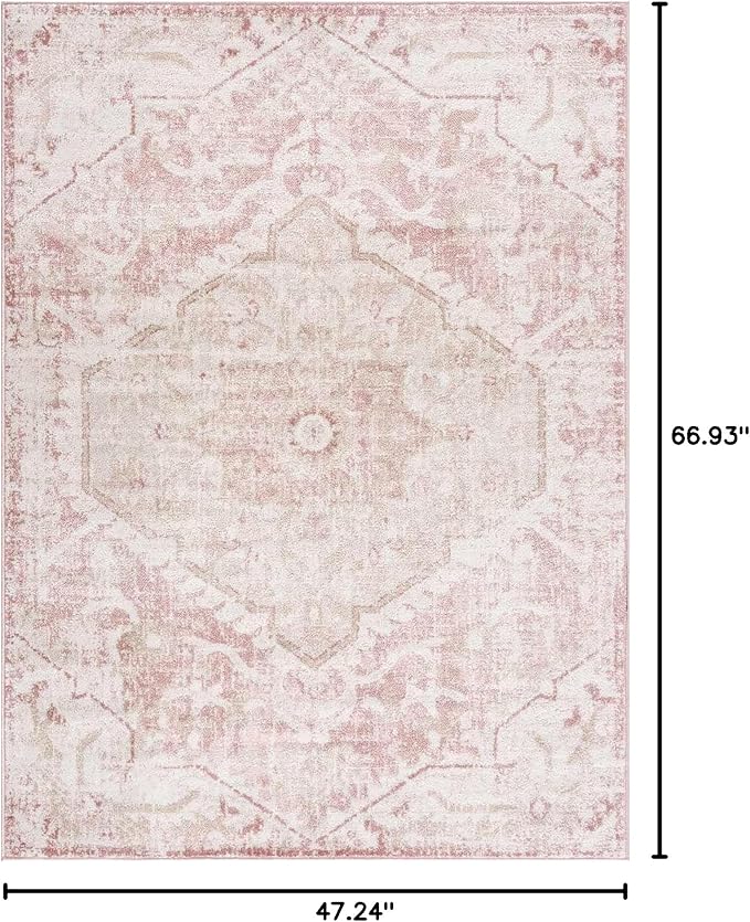 BoutiqueRugs Blush & Light Pink Collection Leonora Bohemian Oriental Medallion Area Rug - Traditional Floral Carpet for Living Room, Bedroom - Blush, Pale Pink, Cream - 3'11" x 5'7"