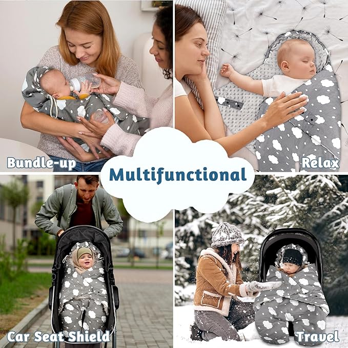 Baby Car Seat Blanket, Winter Car Seat Covers for Babies, Warm Carseat Swaddle Blankets, Thicken Stroller Sleeping Bunting Bag for Infants Boy & Girl, Grey Cloud