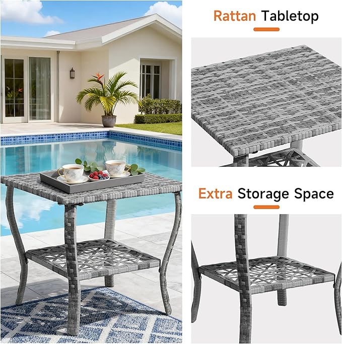 DECMICO 3-Piece Rattan Rocking Chair Set, PE Patio Bistro Furniture with Cushions & Coffee Table for Garden Backyard Porch, Dark Grey