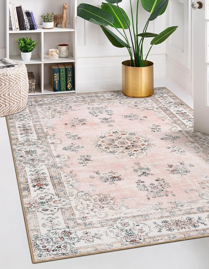 Lahome Washable Pink 5x7 Area Rugs for Bedroom Girls Nursery, Boho Soft Floral Print Area Rug for Living Room Apartment, Non-Slip Carpet for Aesthetic Home Decorations Bedroom Decor