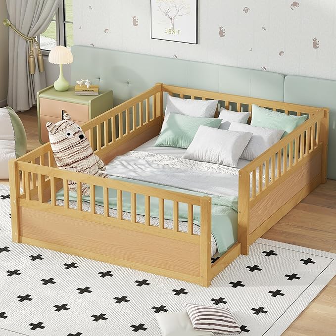Bellemave Full Floor Bed with high Rails for Kids, Girls, Boys, Wood Montessori Floor Bed Without Door, Natural
