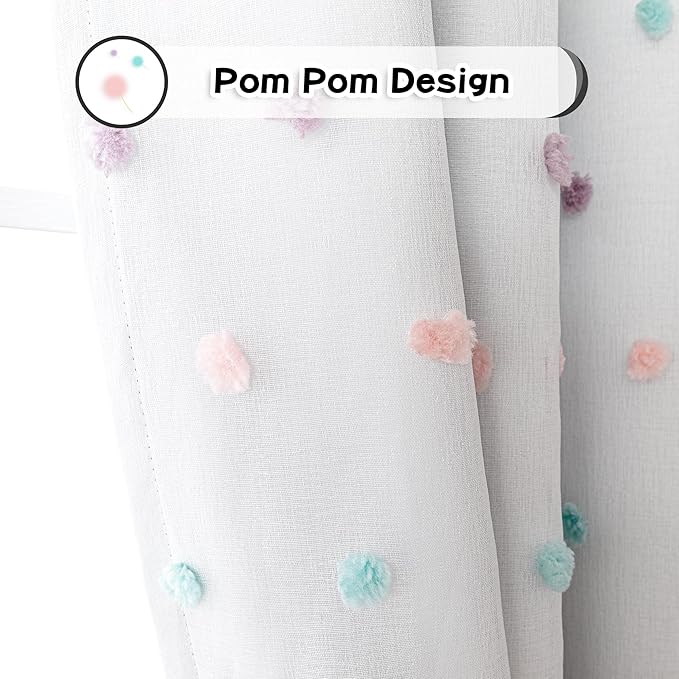MYSKY HOME Total Blackout Curtains for Kids Bedroom Nursery Curtains 100% Light Block Doubled Curtains with Rainbow Pom Pom Sheer Window Drapes for Kitchen Room Darkening Grommet Set of 2, 52 x 54 in