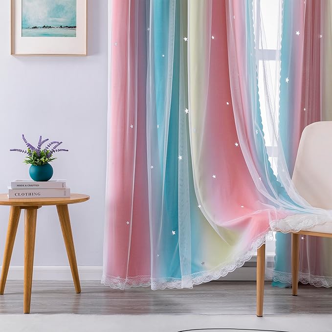 XiDi Curtains for Girls Bedroom, Girls Room Decro Blackout Curtains for Kids Room, Colorful Rainbow Curtains, Unicorn Wall Decor Ombre Curtains, Princess Curtains 72 Inches Long Pink/Blue