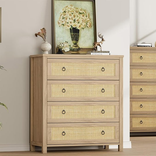 IDEALHOUSE Rattan Dresser for Bedroom, Chest of Dressers 37" Tall Dresser for Closet with 4 Rattan Drawers Chest with Clothes Storage Cabinet, Drawer Organizer for Bedroom, Living Room, Hallway