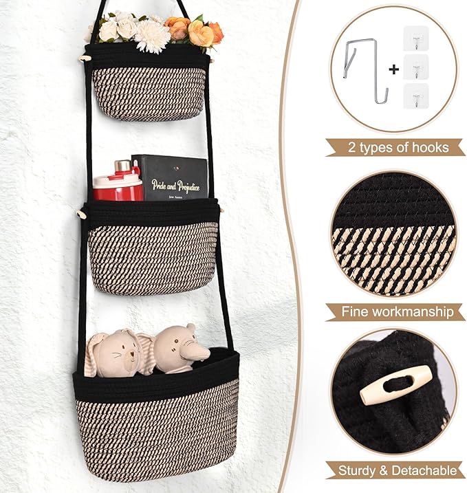Hanging Storage Baskets, 3-Tier Over the Door Basket, Cotton Wall Baskets Storage, Detachable Hanging Door Basket with 4 Hooks, Over the Door Organizer Nursery for Bedroom, Living Room, Bathroom Wall