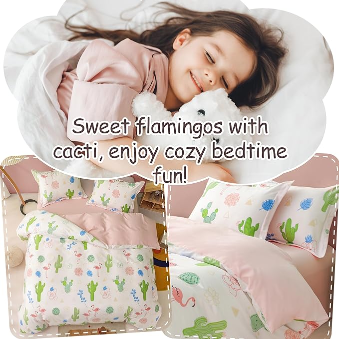 Simple&Opulence 100% Organic Cotton Duvet Cover for Kids Teens, 3 Pieces Soft Comforter Cover with Zipper Closure Warm Adorable Flamingo Bedding Set - Cactus, Twin