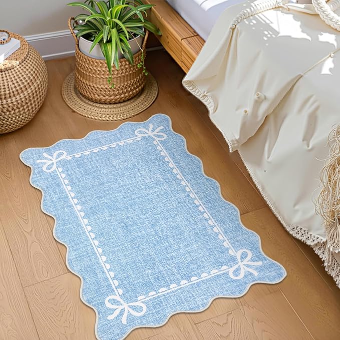 GarveeHome Scalloped Bow Rug for Kitchen Floor, Solid Blue Rug for Dorm, Washable Entryway Rugs 2x3 Soft Low Pile Non Slip Scalloped Rugs for Nursery Bedroom Decor Hallway
