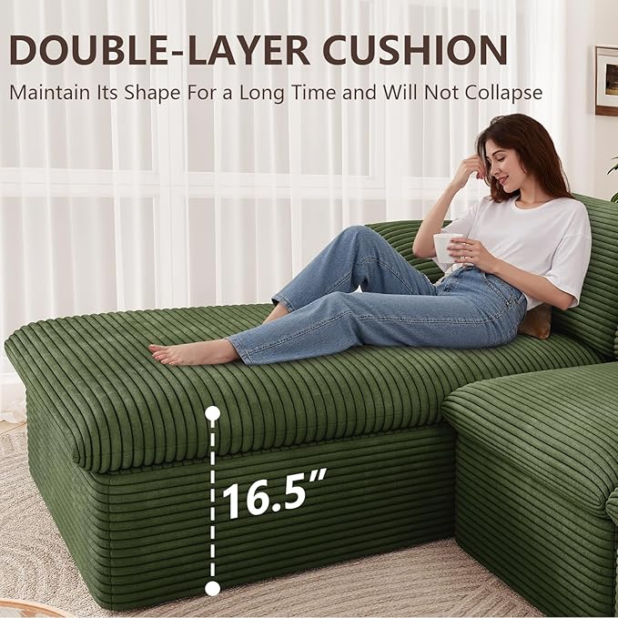 136" Cloud Modular Sectional Sofa with 1 Ottoman, Comfort U Shaped Sofa for Living Room, Deep Seat Boneless Couch, Modern Upholstered Corduroy Couches, No Assembly Required(Green,Left Facing Chaise)