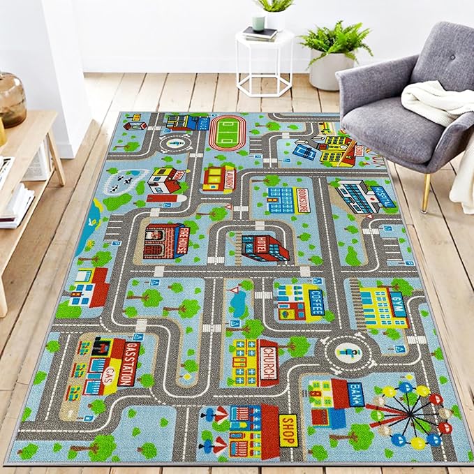 Kids Carpet Playmat Rug 5'2''x3'3'', Kids Rugs for Bedroom, Non-Slip Town City Road Map Car Rugs for Kids Toy Cars, Track Carpet Play Rug for Playroom Classroom Decor (Sky Blue)