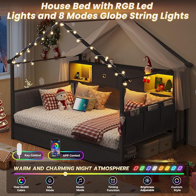 DICTAC Twin Corner Bed Frame with Storage Bookcase,Charging Station and Upholstered Headboard House Shaped Twin Size Bed Frame with 2 Storage Drawers,RGB LED and Globe Lights,Kid twin House Beds,Black