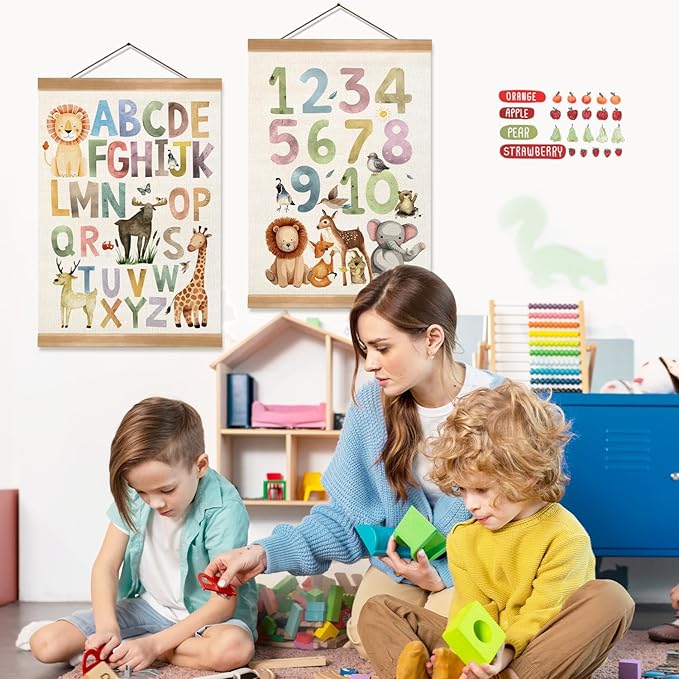 ZTGDA Alphabet Numbers Poster Set of 2, Children's Room Wall Art, Animal Numbers & ABC Banner Poster, Letter Banner Wall Hanging Decor for Toddler Room Playroom Nursery Wall Classroom Decor