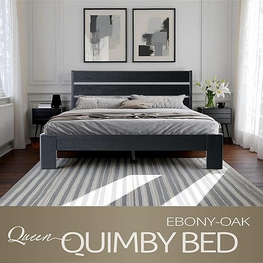 Queen Size Solid Wood Platform Bed Frame with Headboard & Footboard, Metal Legs with 12 Durable Slatted Base, Easy Assembly, No Box Spring Needed, Noise-Free & Anti-Slip, Ebony Oak Finish, QIQ-35