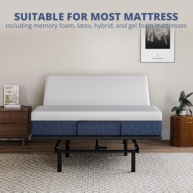 EGOHOME Full Size Adjustable Bed Frame and 14 inch Charcoal Gel Memory Foam Mattress, Independent Head and Foot Incline with Massage, Wireless Remote, Zero Gravity, Adjustable Legs, No Headboard
