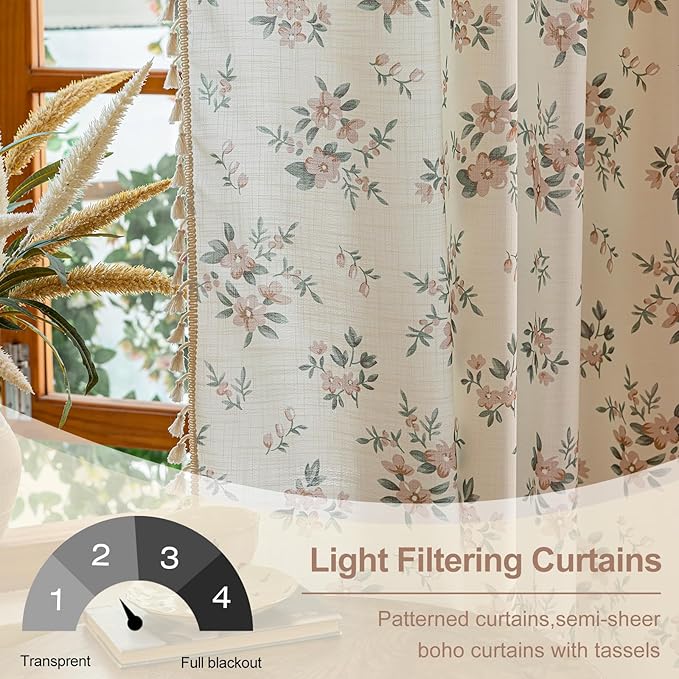 OYX Pink Boho Floral Window Curtains 96 Inch Long 2 Panels, French Vintage Farmhouse Vintage Country Rustic Tassels Printed Drapes for Living Room Bedroom, Rod Pocket Light Filtering Decor Aesthetic