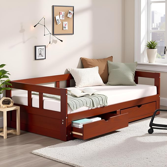 Melody Twin to King Extendable Daybed with Trundle and Storage Drawers – Solid Brazilian Pine Wood Guest Bed with 400lb Capacity for Kids, Teens, or Adults by Aalaterre Furniture (Chestnut Finish)