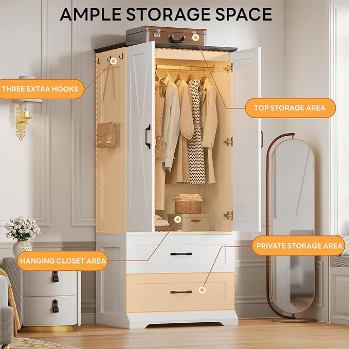 LIKIMIO Armoire Wardrobe Closet 70.9" H, Bedroom Wooden Wardrobe with 2 Doors, 2 Drawers and Sensor Light, Clothing Storage Cabinet Organizer Combination with Hanging Rod, Hooks, White