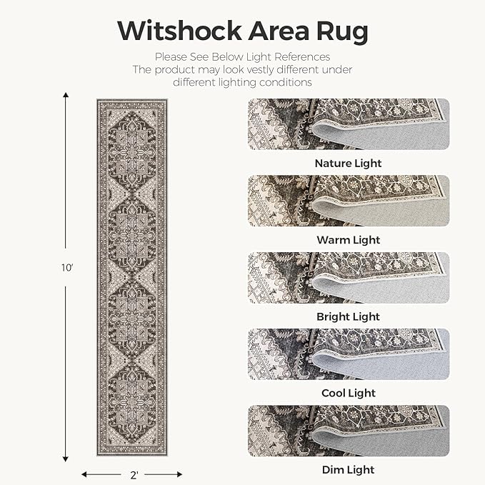 WITSHOCK 2x10 Long Runner Rug for Hallway: Washable Rug Distressed Boho Soft Low Pile Stain Resistant Foldable Carpet for Bedroom Kitchen Entryway Indoor Entrance Oriental Farmhouse Home Decor, Black