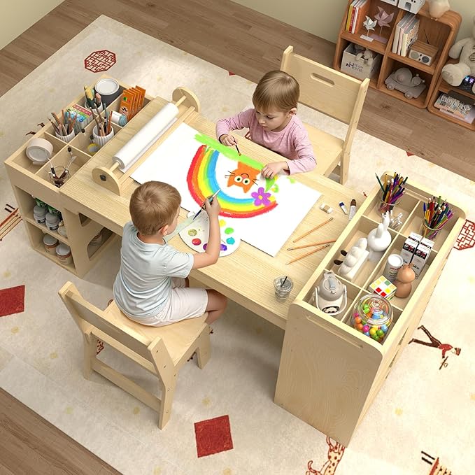 50"x22" Kids Art Table and Chair Set, Kids Craft Table with Paper Roll and 2 Chairs,Kid Activity Desk with Storage and Portable Supply Organizer for Writing, Drawing, Learning and Reading