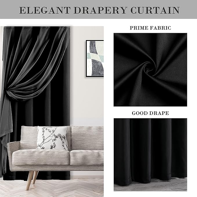 Lotusolution Black Full Blackout Curtains for Living Room 95" Long Mix and Match Curtains Double Layers Room Darkening Thermal Insulated Blackout Drapes Grommet,52" W x 95" L
