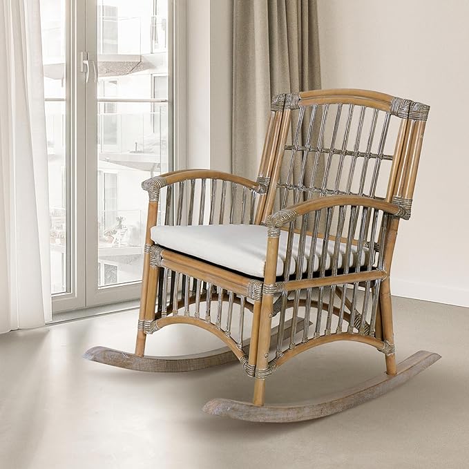 JONATHAN Y RCK200B Swayze Bohemian Farmhouse Woven Rattan/Wood Rocking Chair White Cushion with Gray/White Wash Frame for Home, Living Room, Bedroom, Guestroom, Foyer, Library