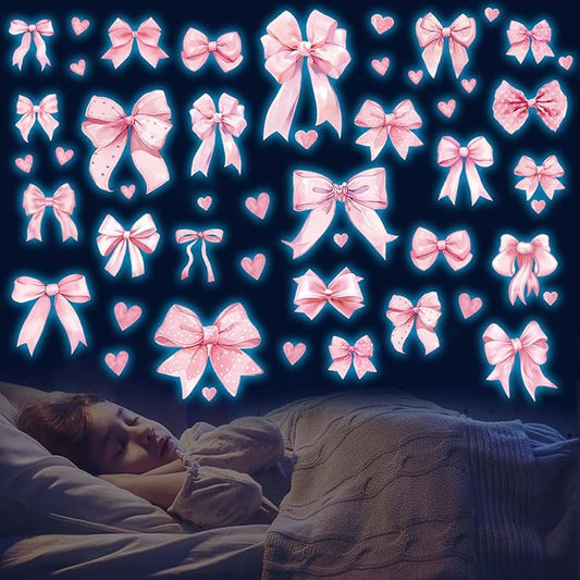 Glow in The Dark Pink Bow Wall Stickers Glowing Luminous Light Pink Bow Knot Wall Decals Watercolor Coquette Wall Art Decor Wallpaper for Nursery Kindergarten Girls Bedroom