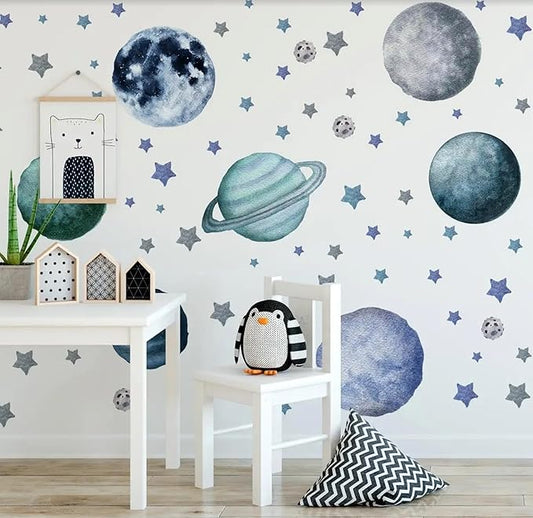 Planets and Stars Wall Decals, Removable Solar System Wall Stickers, Space Wall Décor, Peel and Stick Universe Art Mural Vinyl Sticker for Kids Boys Bedroom Nursery Decoration