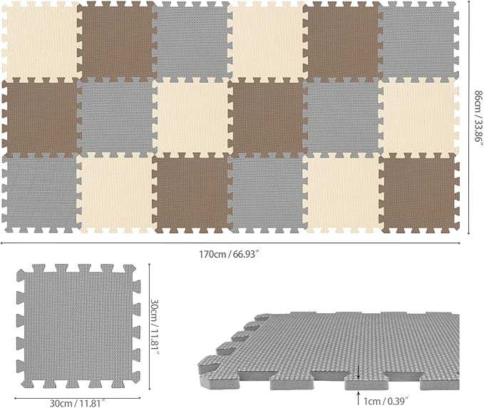 qqpp EVA Rubber 18 Tiles Interlocking Puzzle Foam Floor Mats - Baby Play Mat for Playing | Exercise Mat for Home Workout. Brown, Beige, Gray. QC-FJLb18N